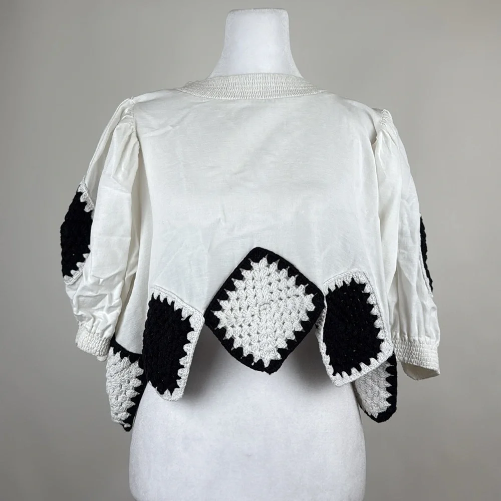 Anthropologie Bow-Back Crochet Crop Top in Black & White One Size